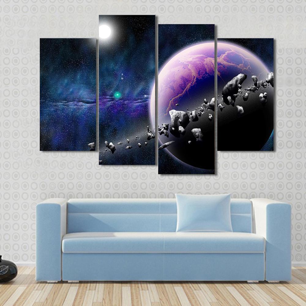 Planet With Asteroids Canvas Wall Art-3 Horizontal-Gallery Wrap-25" x 16"-Tiaracle