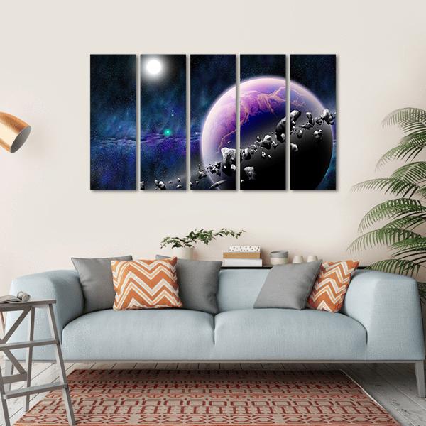 Planet With Asteroids Canvas Wall Art-5 Horizontal-Gallery Wrap-22" x 12"-Tiaracle