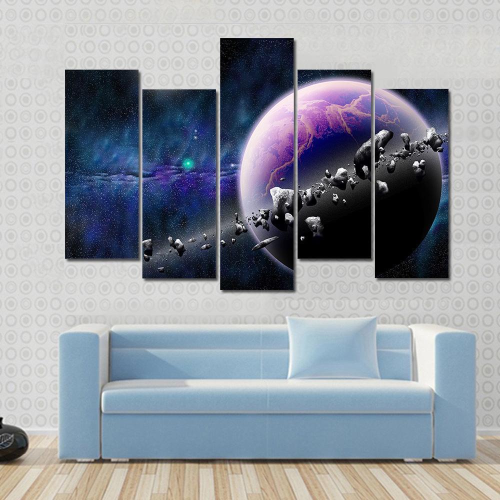 Planet With Asteroids Canvas Wall Art-5 Pop-Gallery Wrap-47" x 32"-Tiaracle