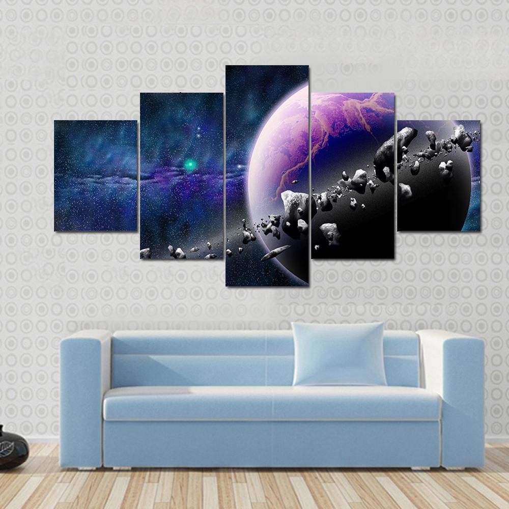 Planet With Asteroids Canvas Wall Art-5 Star-Gallery Wrap-62" x 32"-Tiaracle
