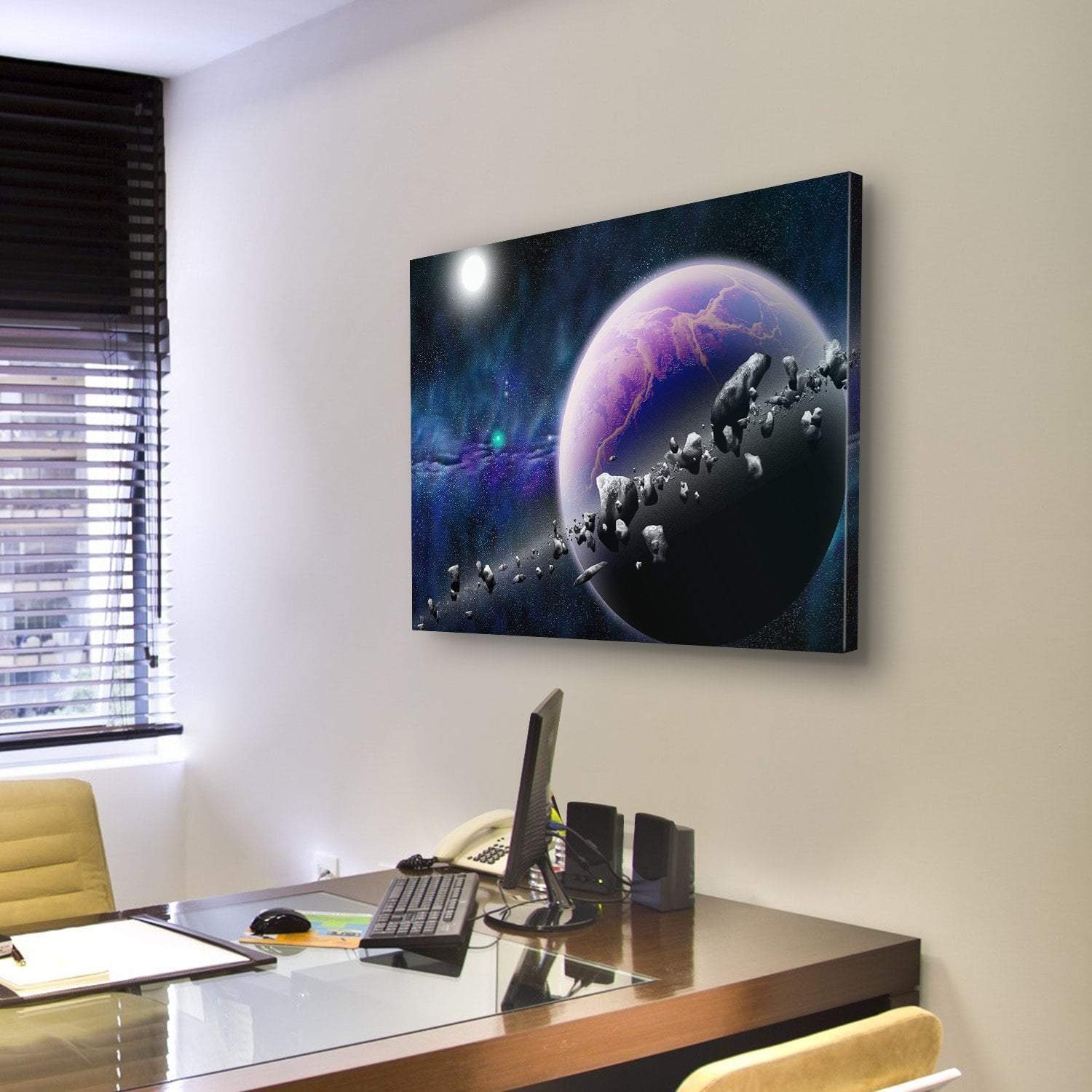 Planet With Asteroids Canvas Wall Art-3 Horizontal-Gallery Wrap-25" x 16"-Tiaracle