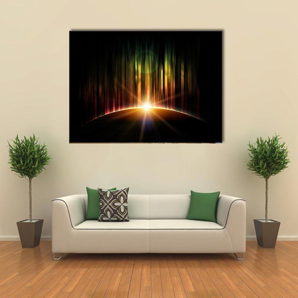Planet with Aurora Canvas Wall Art in black, gold and green, single panel hung on a wall