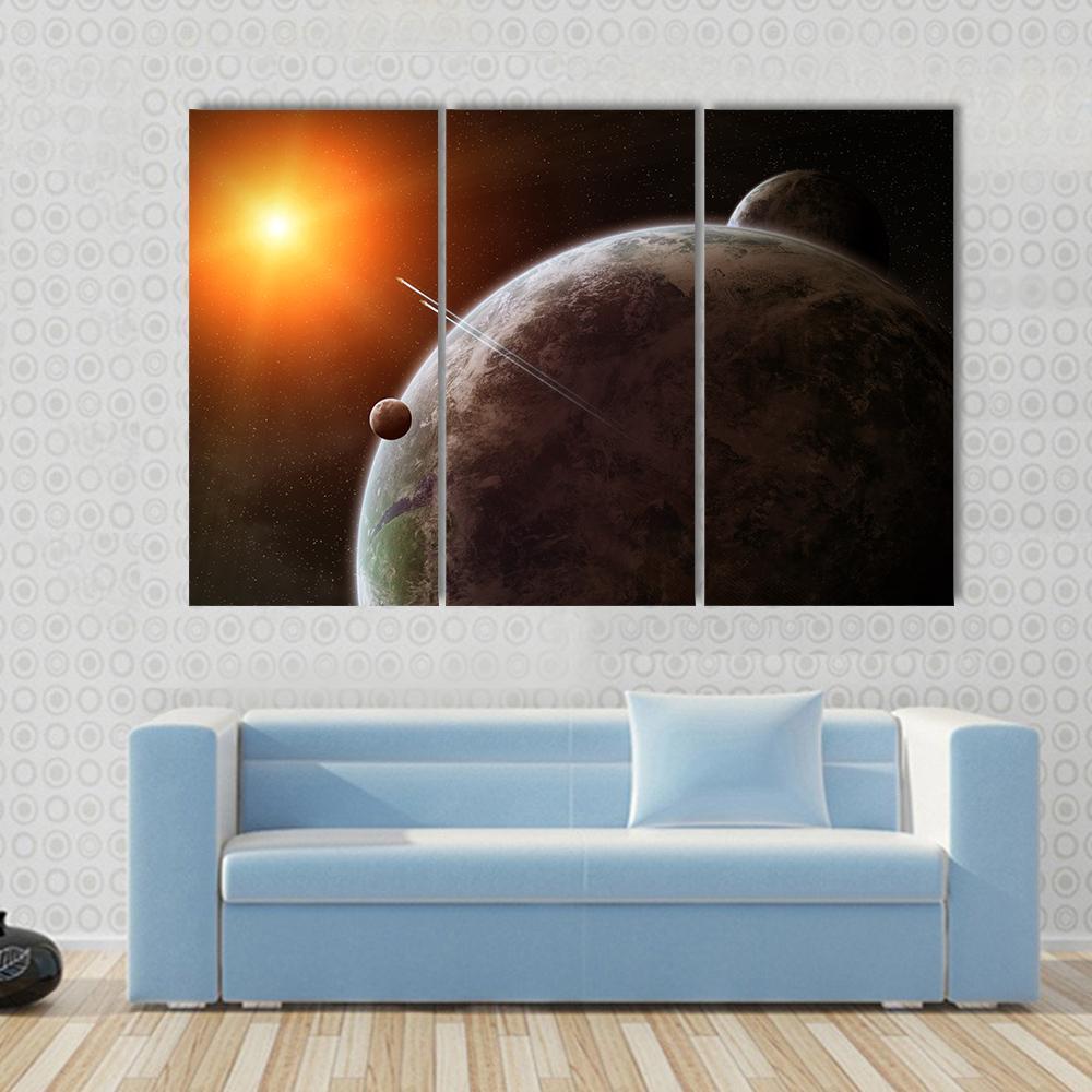 Planet With Its Moon Moving Around Star Canvas Wall Art-3 Horizontal-Gallery Wrap-37" x 24"-Tiaracle