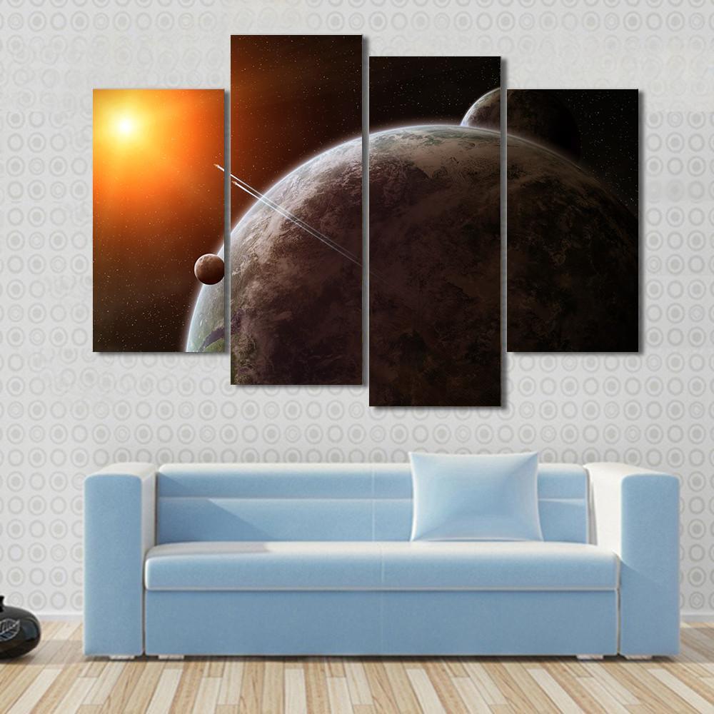 Planet With Its Moon Moving Around Star Canvas Wall Art-4 Pop-Gallery Wrap-50" x 32"-Tiaracle