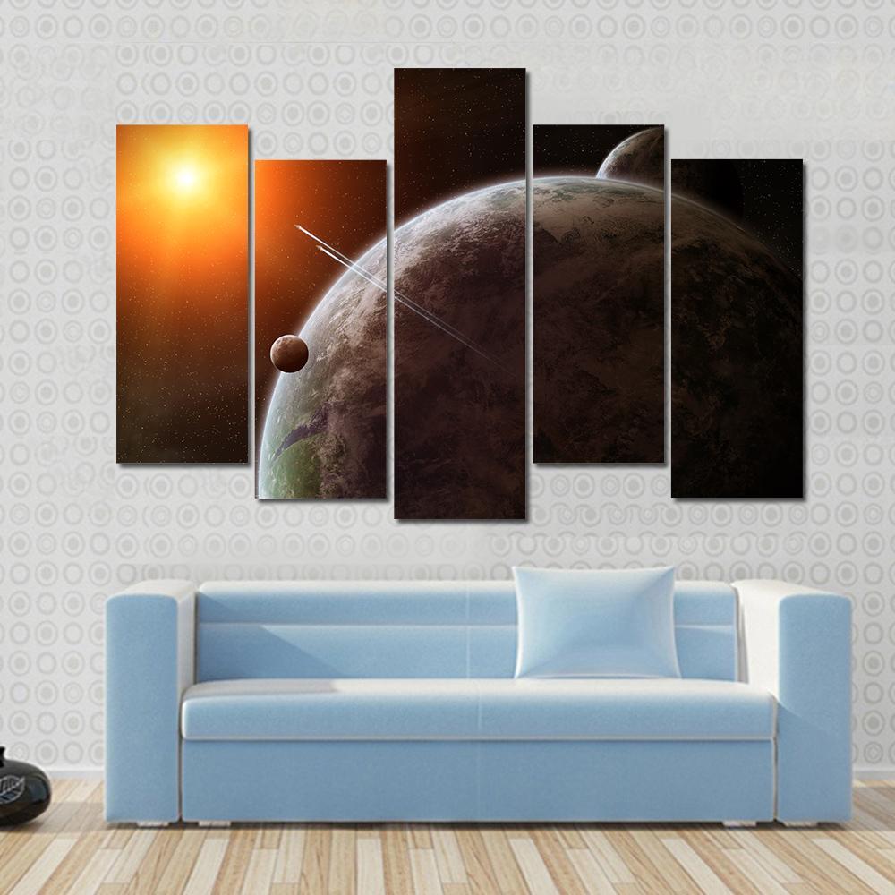 Planet With Its Moon Moving Around Star Canvas Wall Art-5 Pop-Gallery Wrap-47" x 32"-Tiaracle