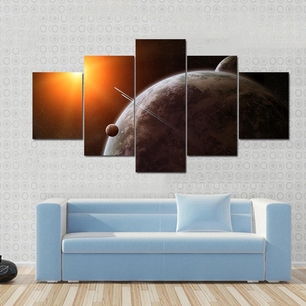 Planet With Its Moon Moving Around Star Canvas Wall Art-5 Star-Gallery Wrap-62" x 32"-Tiaracle