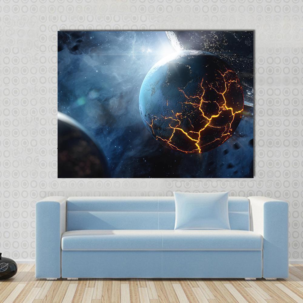 Lava Planet in Cosmic Space Canvas Wall Art in black, orange and blue, single panel hung on a wall