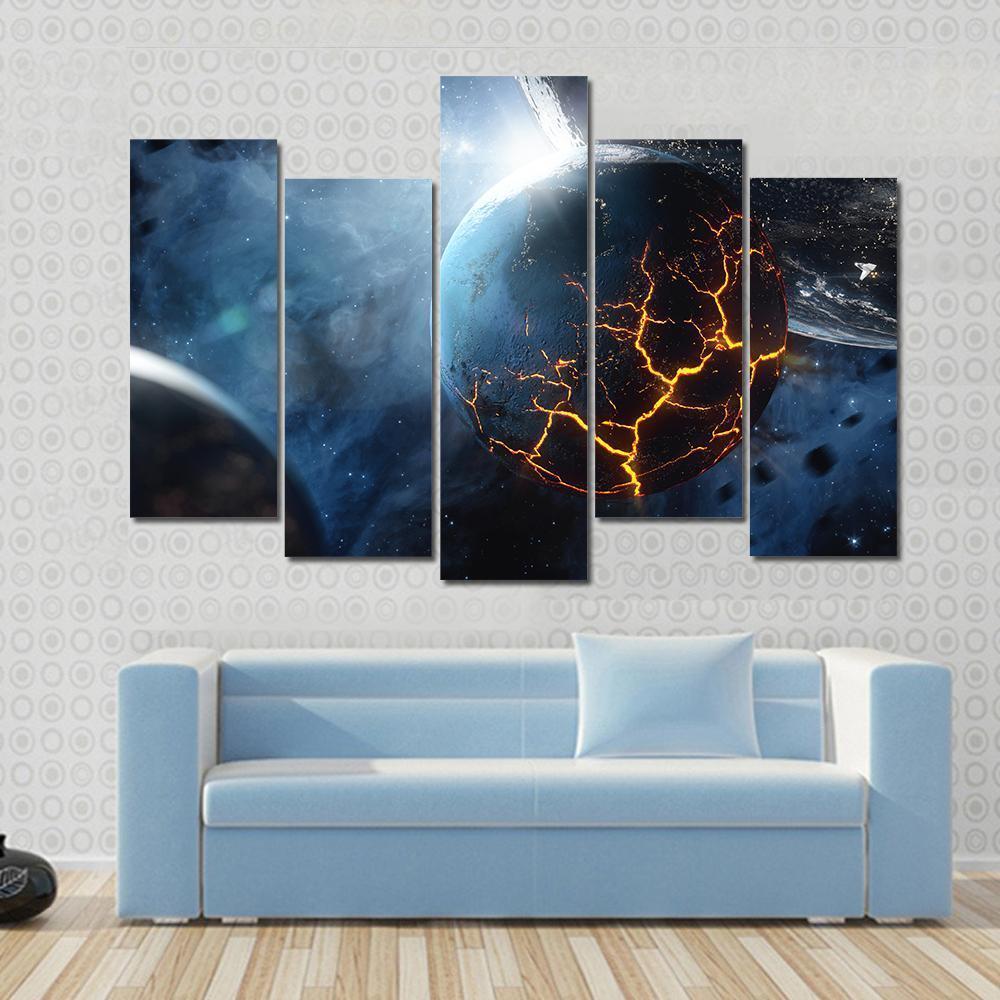Planet With Lava In Space Canvas Wall Art-5 Pop-Gallery Wrap-47" x 32"-Tiaracle