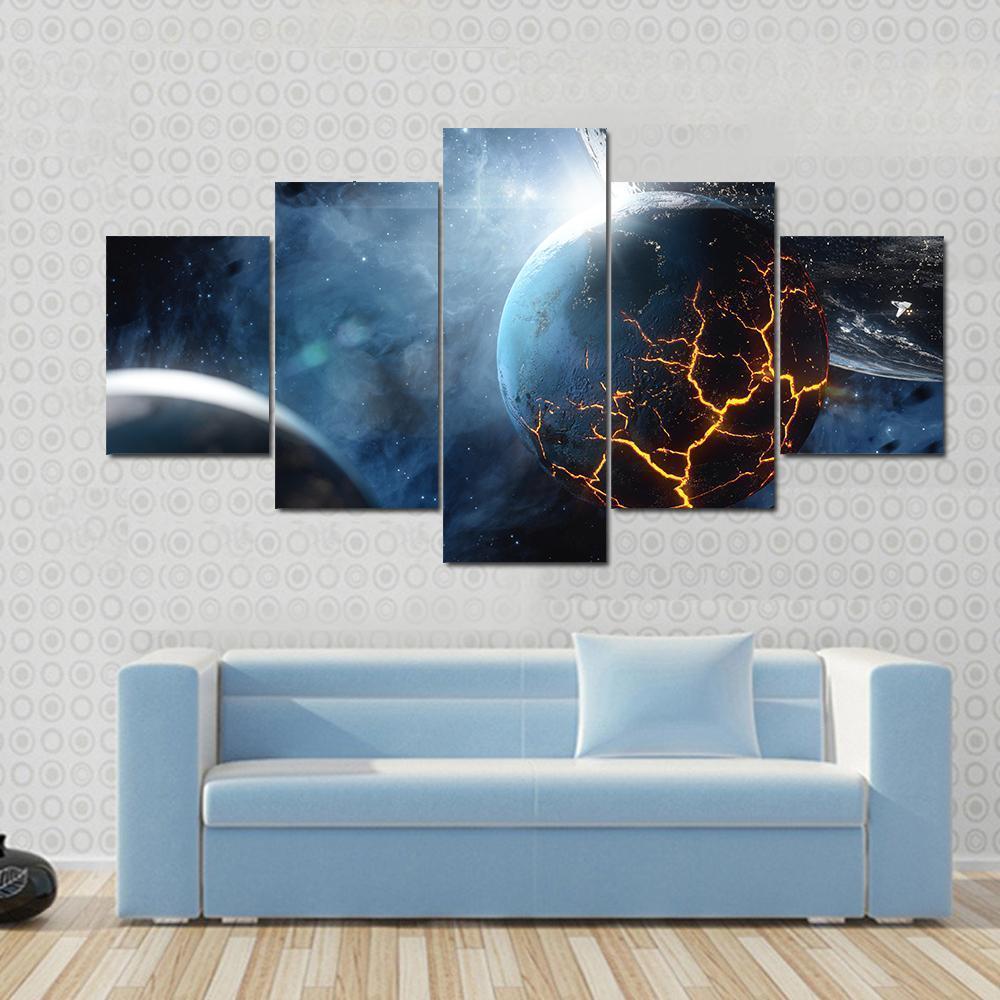 Planet With Lava In Space Canvas Wall Art-5 Star-Gallery Wrap-62" x 32"-Tiaracle