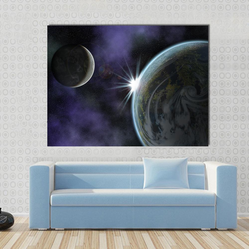 Planet with Moon and Star in Deep Space Canvas Wall Art in black, blue and purple, single panel hung on a wall
