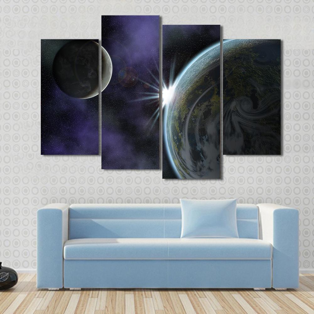 Planet With Moon And Star In Deep Space Canvas Wall Art-4 Pop-Gallery Wrap-50" x 32"-Tiaracle