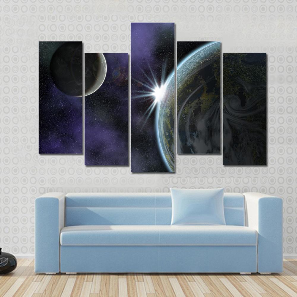 Planet With Moon And Star In Deep Space Canvas Wall Art-5 Pop-Gallery Wrap-47" x 32"-Tiaracle