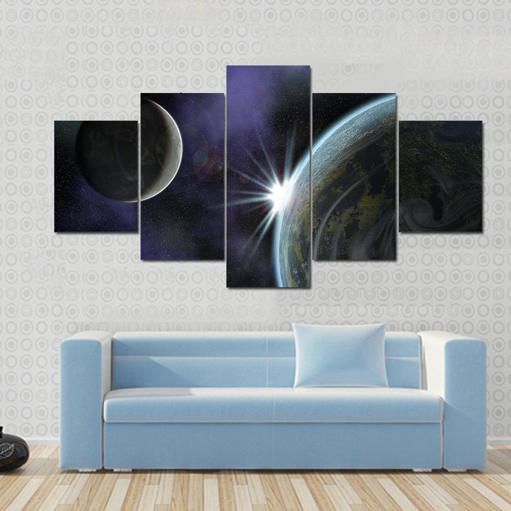 Planet With Moon And Star In Deep Space Canvas Wall Art-5 Star-Gallery Wrap-62" x 32"-Tiaracle