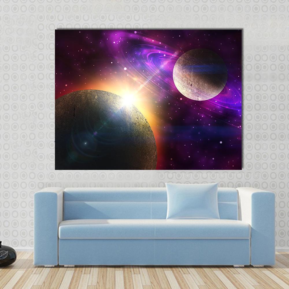 Planet with Ring and Stars Canvas Wall Art in black, gold and purple, single panel hung on a wall