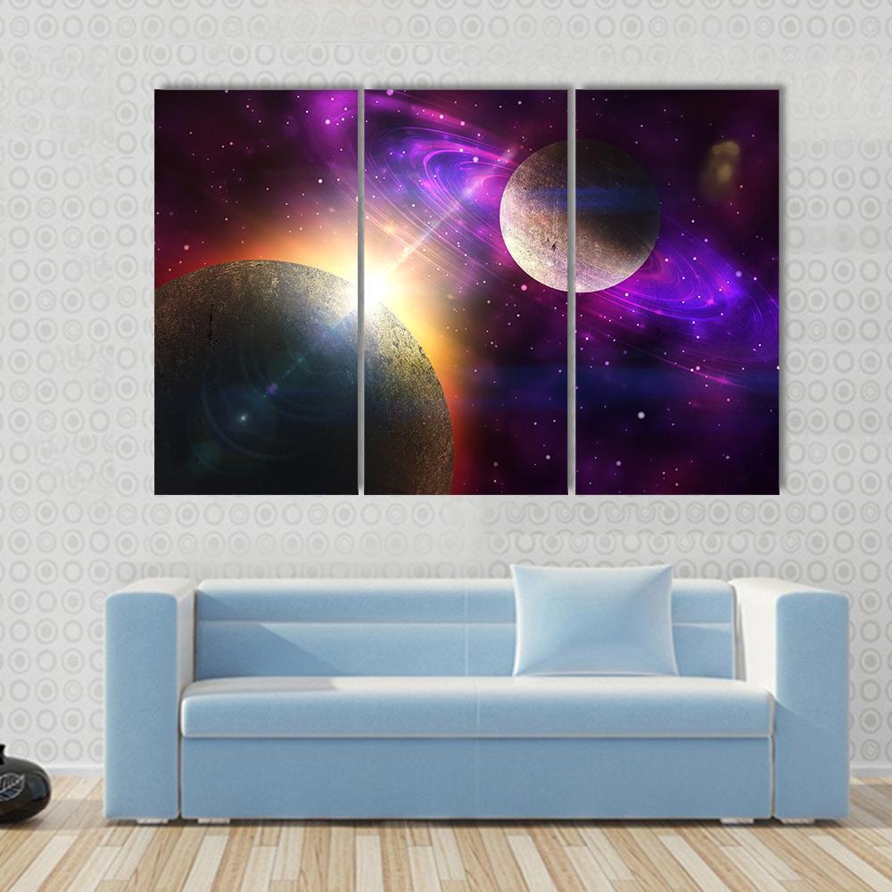 Planet With Ring and Stars Canvas Wall Art-3 Horizontal-Gallery Wrap-37" x 24"-Tiaracle