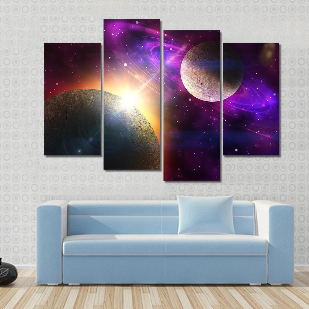 Planet With Ring and Stars Canvas Wall Art-4 Pop-Gallery Wrap-50" x 32"-Tiaracle