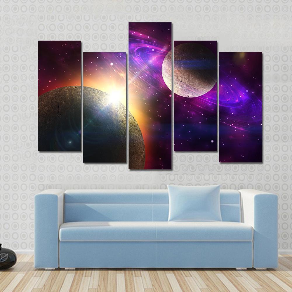 Planet With Ring and Stars Canvas Wall Art-5 Pop-Gallery Wrap-47" x 32"-Tiaracle