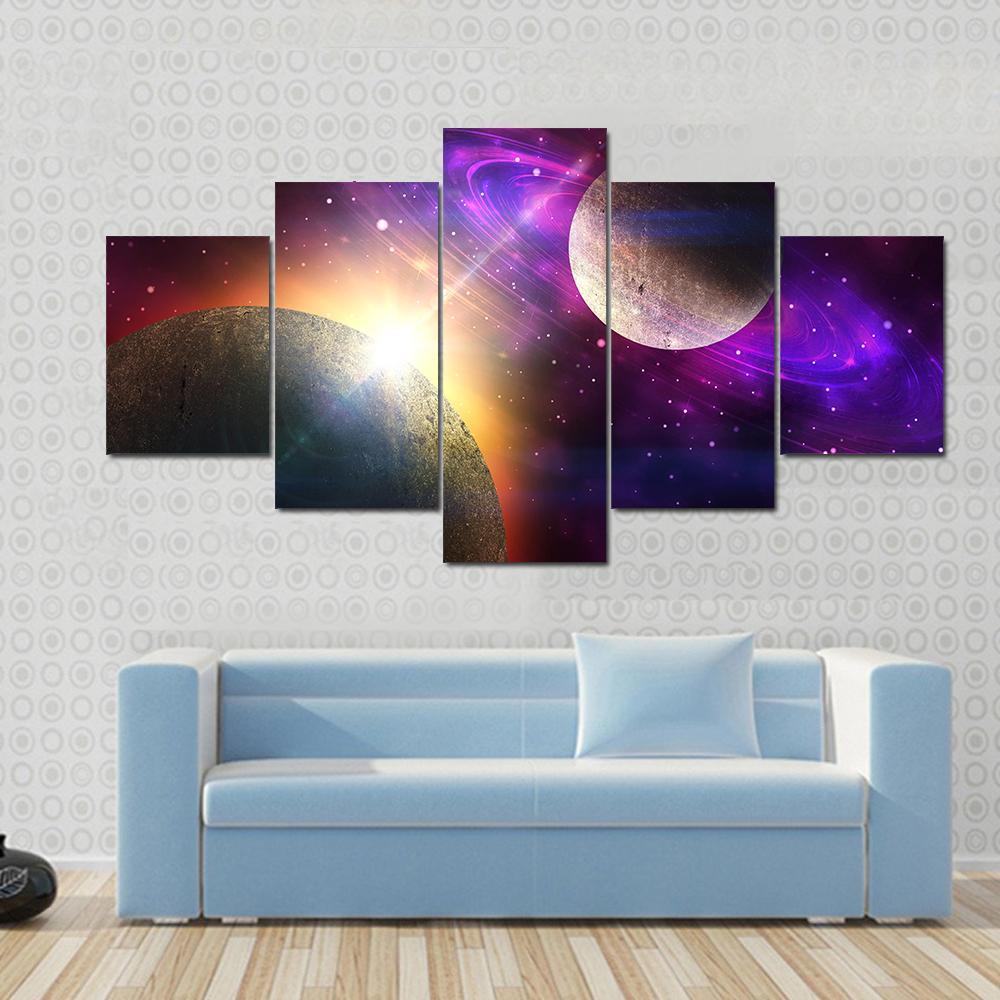 Planet With Ring and Stars Canvas Wall Art-5 Star-Gallery Wrap-62" x 32"-Tiaracle