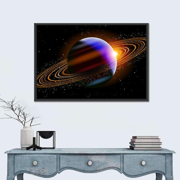 Planet With Rings In Deep Space Canvas Wall Art-1 Piece-Floating Frame-24" x 16"-Tiaracle
