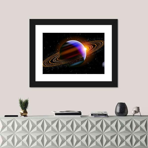 Planet With Rings In Deep Space Canvas Wall Art-1 Piece-Framed Print-20" x 16"-Tiaracle