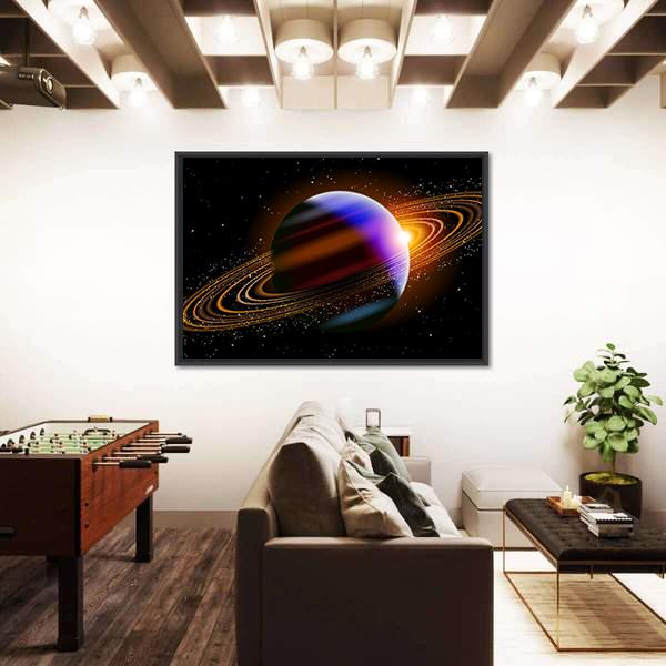 Planet With Rings In Deep Space Canvas Wall Art-3 Horizontal-Gallery Wrap-25" x 16"-Tiaracle