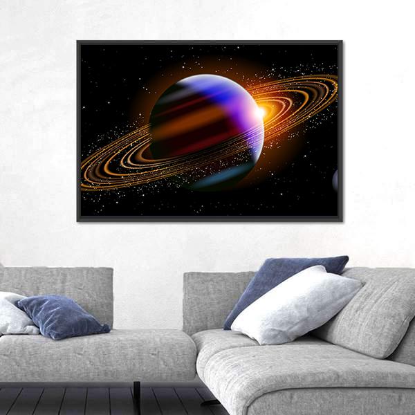 Planet With Rings In Deep Space Canvas Wall Art-3 Horizontal-Gallery Wrap-25" x 16"-Tiaracle