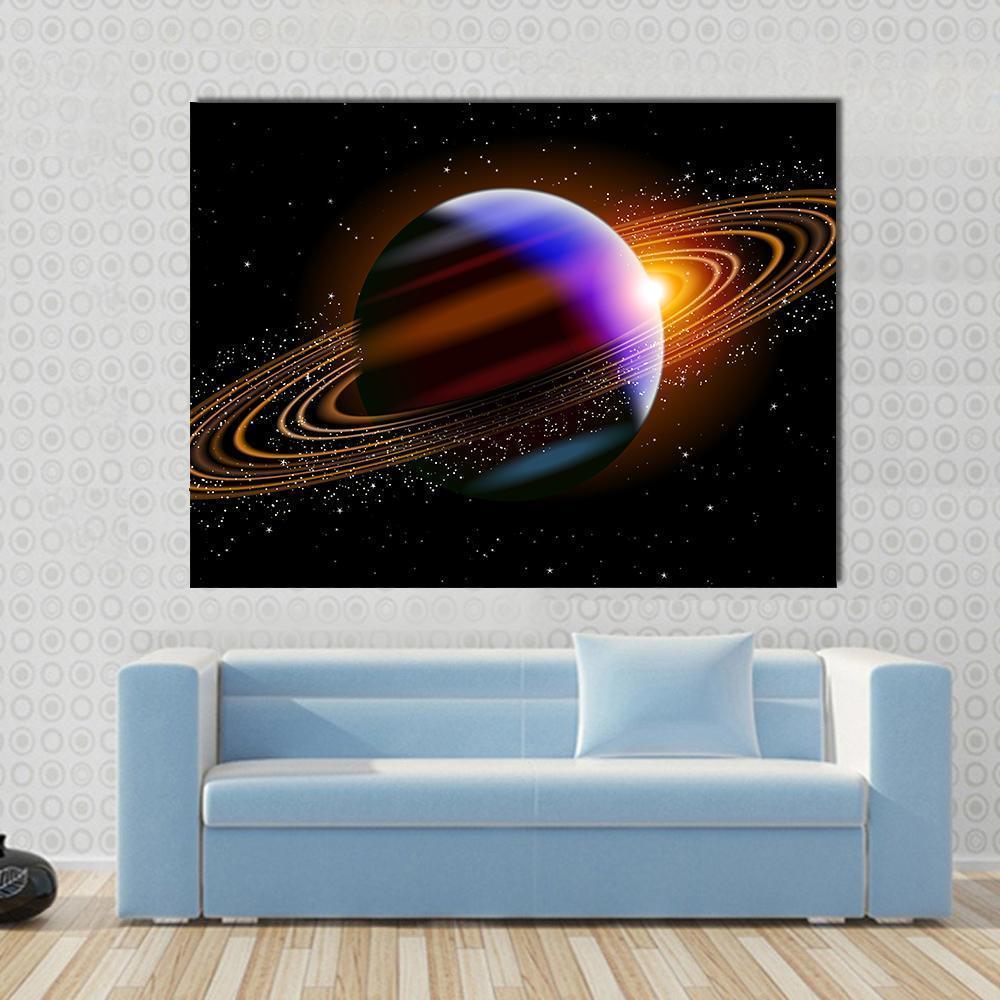 Planet with Colorful Bands and Glowing Rings Canvas Wall Art in black, orange and blue, single panel hung on a wall