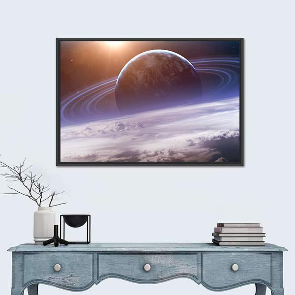 Planet With Rings View From Earth Canvas Wall Art-1 Piece-Floating Frame-24" x 16"-Tiaracle
