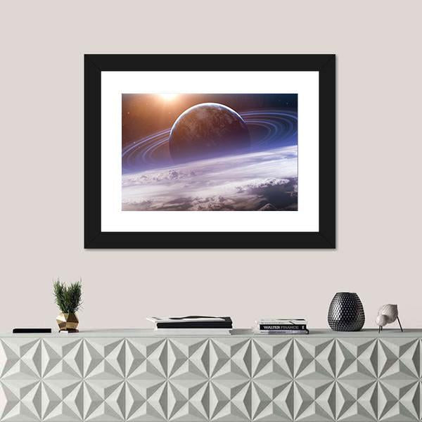 Planet With Rings View From Earth Canvas Wall Art-1 Piece-Framed Print-20" x 16"-Tiaracle