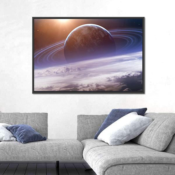 Planet With Rings View From Earth Canvas Wall Art-3 Horizontal-Gallery Wrap-25" x 16"-Tiaracle