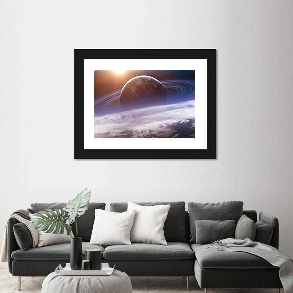 Planet With Rings View From Earth Canvas Wall Art-3 Horizontal-Gallery Wrap-25" x 16"-Tiaracle