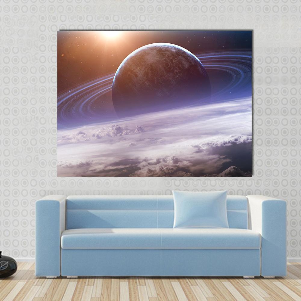 Planet with Rings View from Earth Canvas Wall Art in orange, blue and purple, single panel hung on a wall