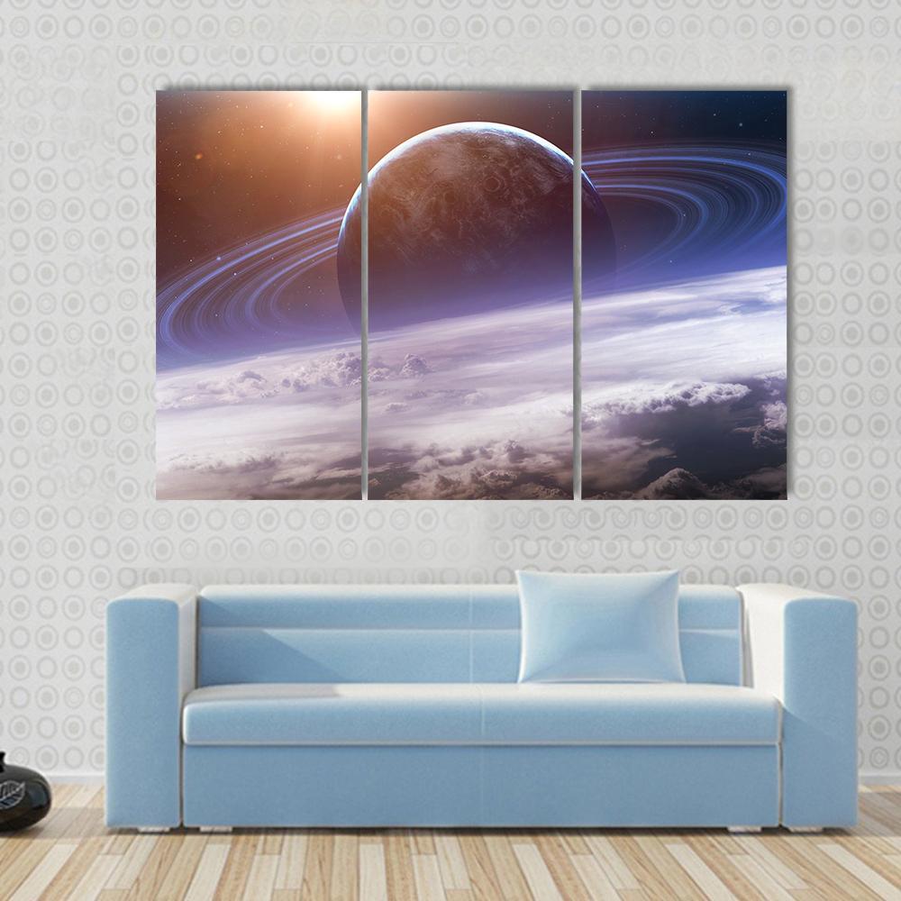 Planet With Rings View From Earth Canvas Wall Art-3 Horizontal-Gallery Wrap-37" x 24"-Tiaracle