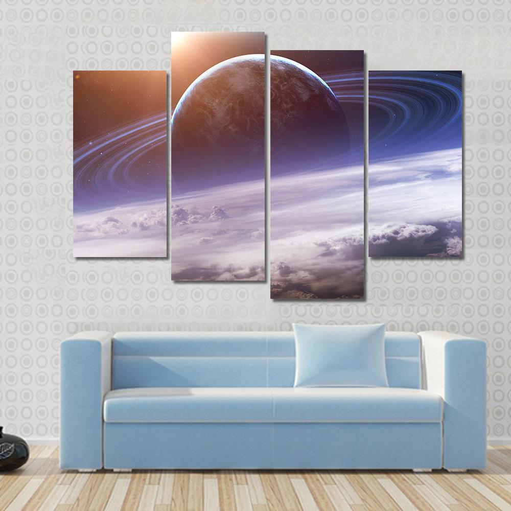 Planet With Rings View From Earth Canvas Wall Art-4 Pop-Gallery Wrap-50" x 32"-Tiaracle