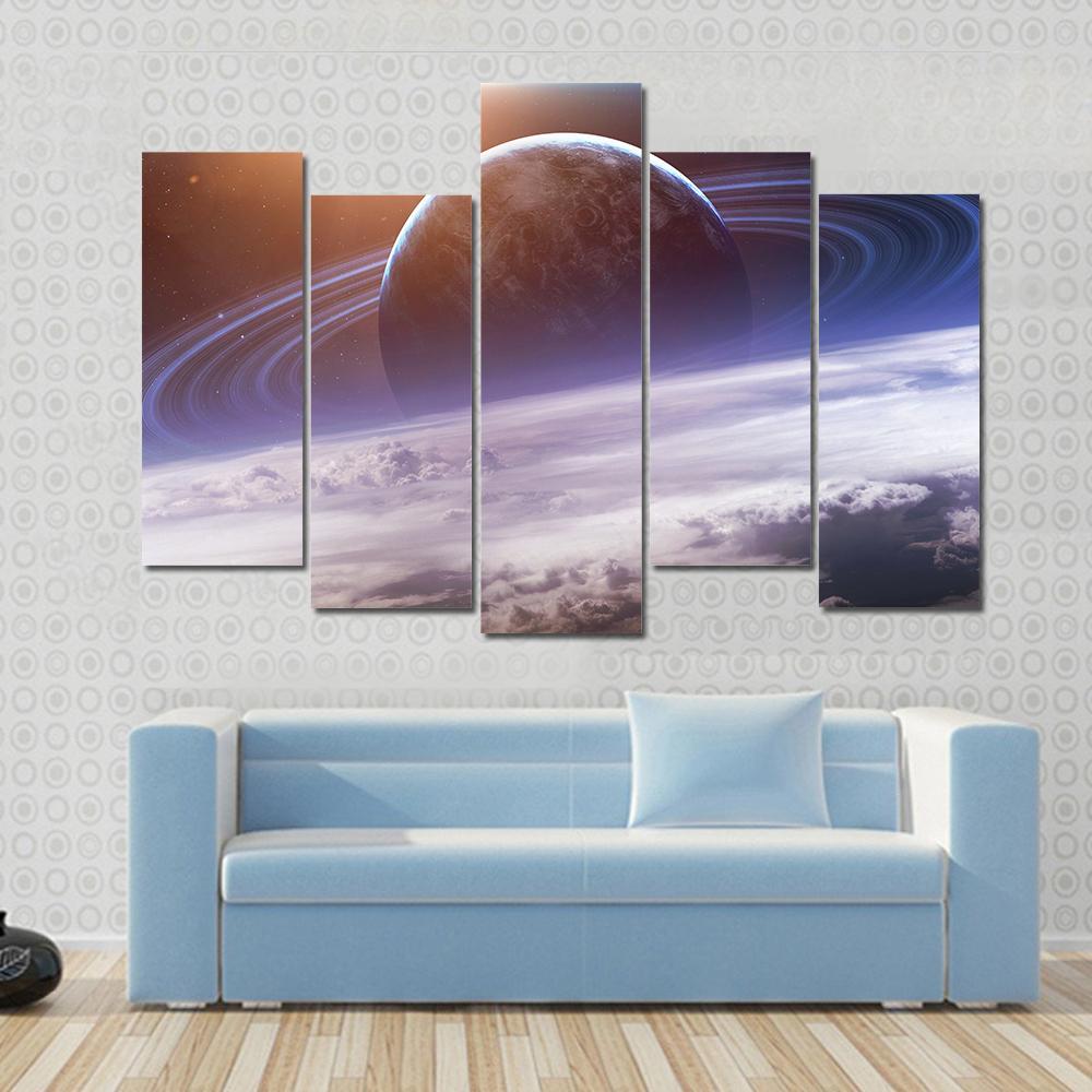 Planet With Rings View From Earth Canvas Wall Art-5 Pop-Gallery Wrap-47" x 32"-Tiaracle