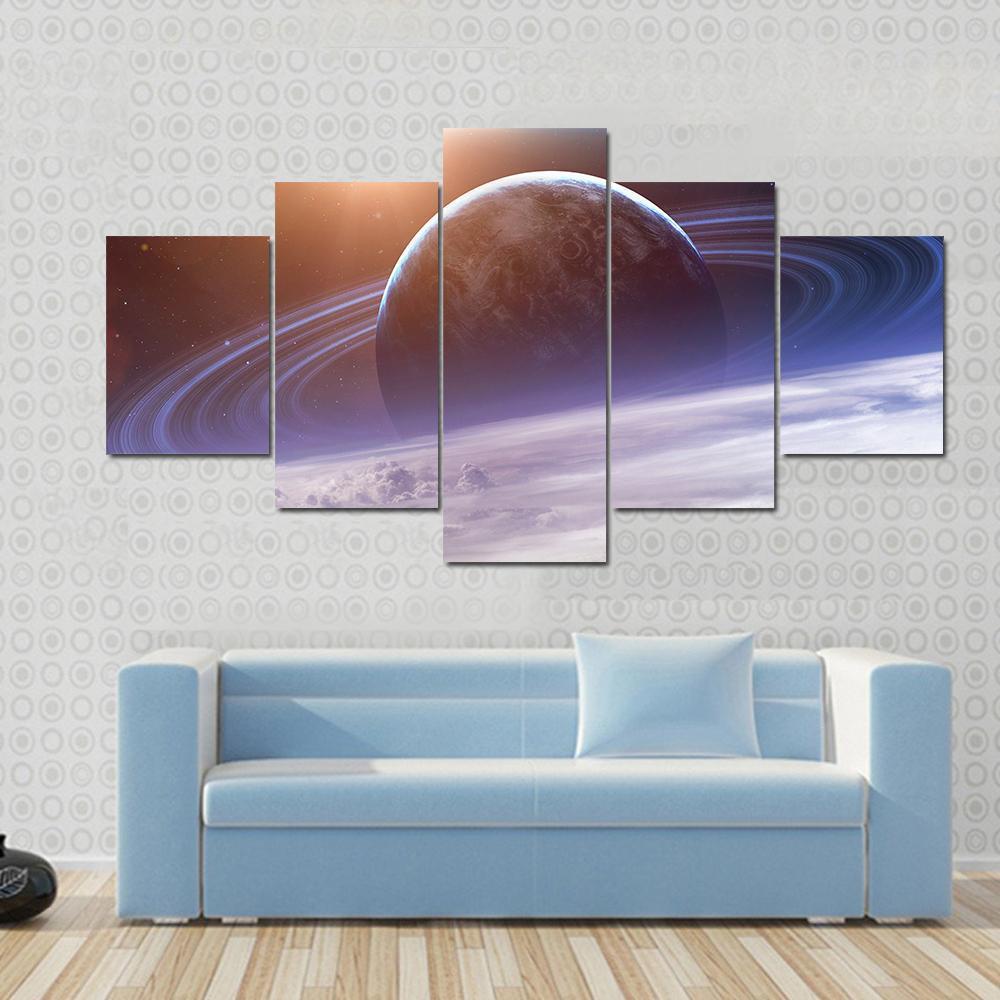 Planet With Rings View From Earth Canvas Wall Art-5 Star-Gallery Wrap-62" x 32"-Tiaracle