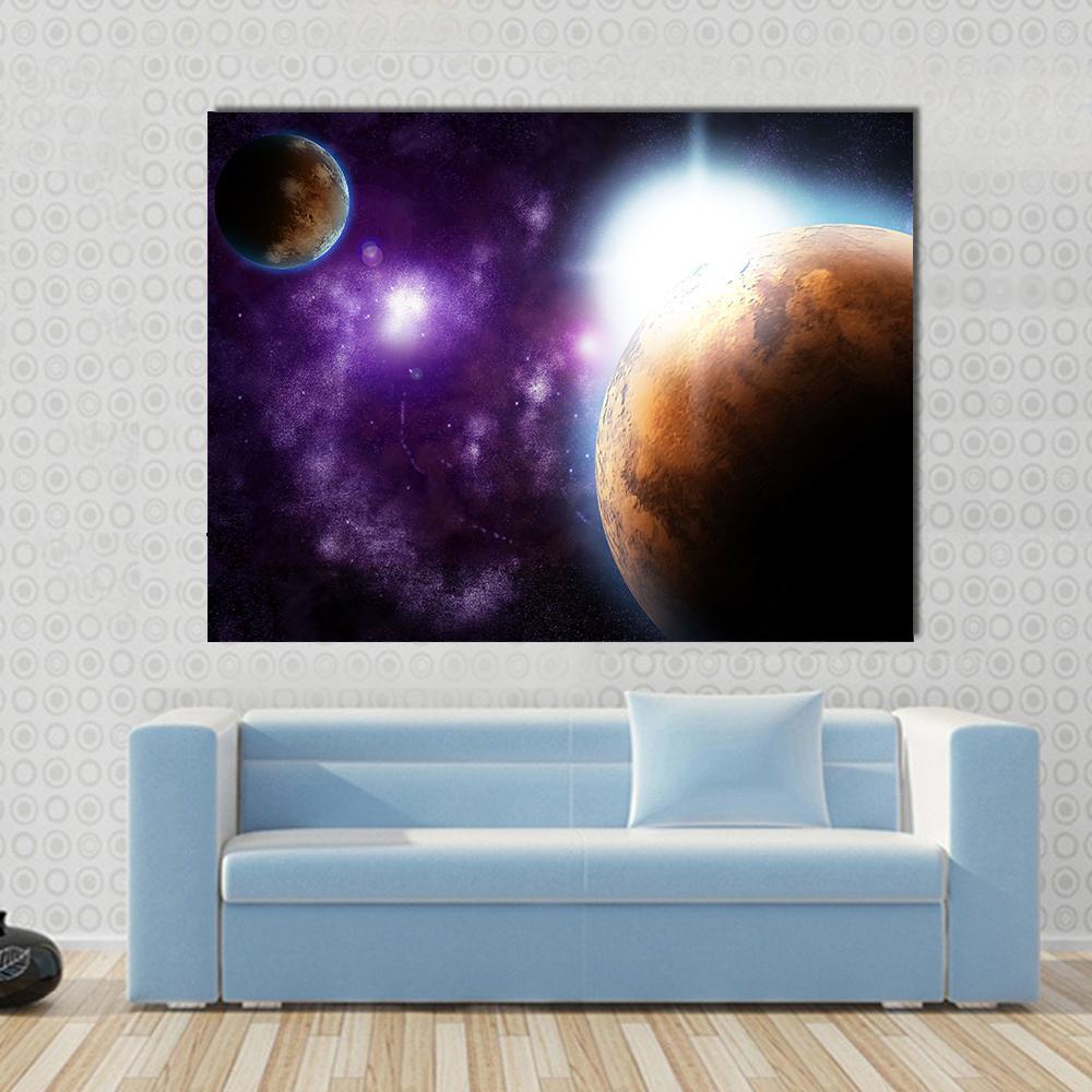 Planet with Sun Flare in Deep Space Canvas Wall Art in black, orange and purple, single panel hung on a wall