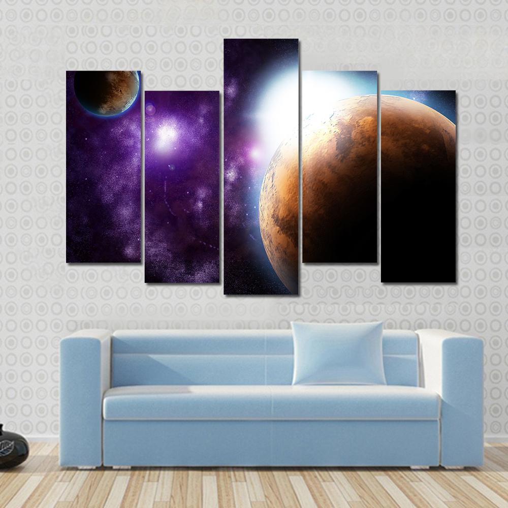 Planet With Sun Flare In Deep Space Canvas Wall Art-5 Pop-Gallery Wrap-47" x 32"-Tiaracle