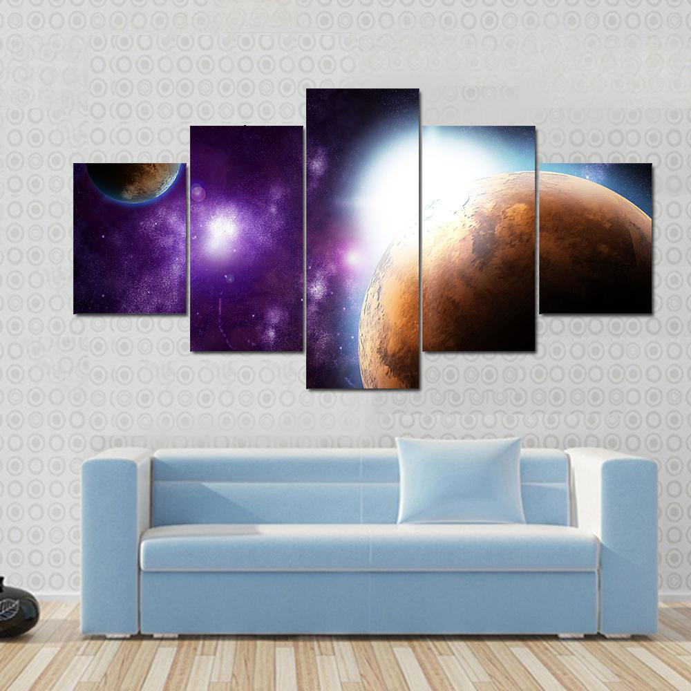 Planet With Sun Flare In Deep Space Canvas Wall Art-5 Star-Gallery Wrap-62" x 32"-Tiaracle