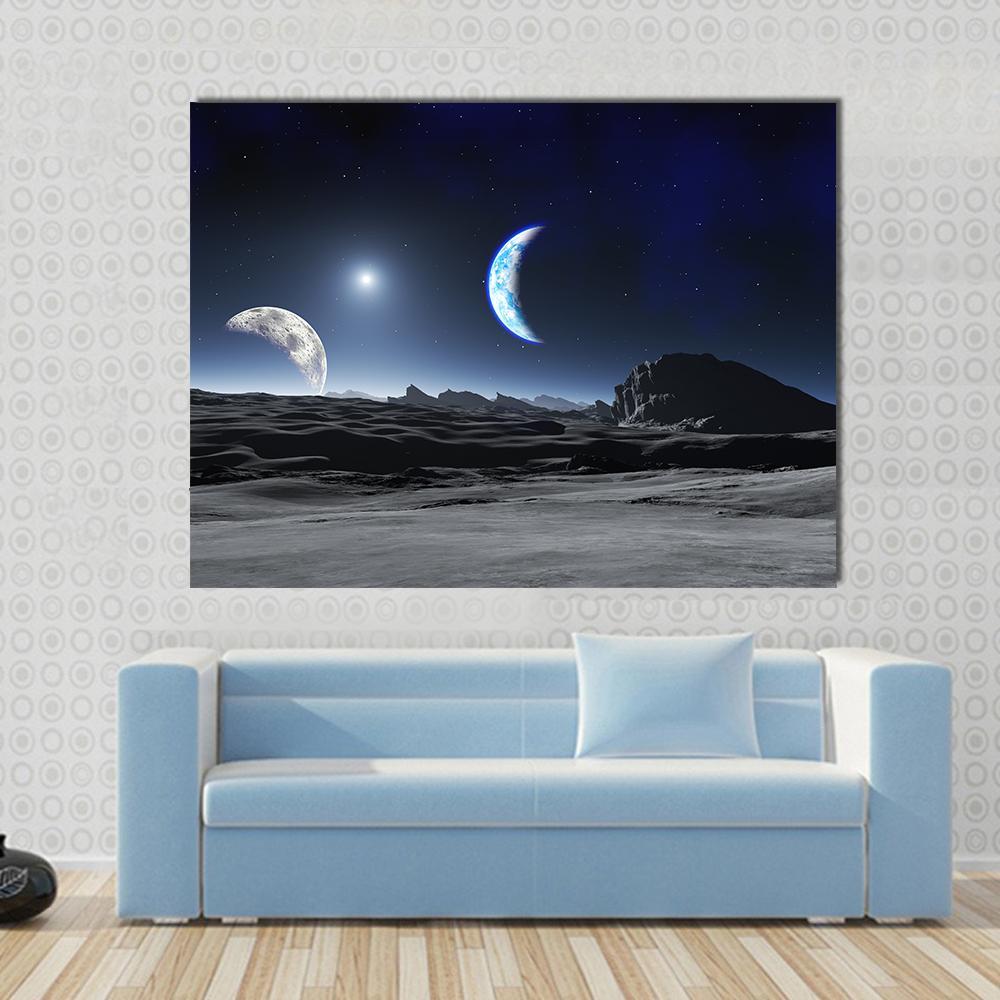 Planet with Two Moons Canvas Wall Art in black, gray and blue, single panel hung on a wall