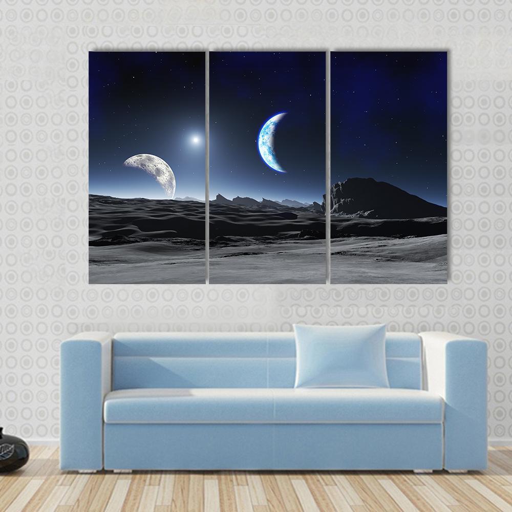 Planet With Two Moons Canvas Wall Art-5 Star-Gallery Wrap-62" x 32"-Tiaracle