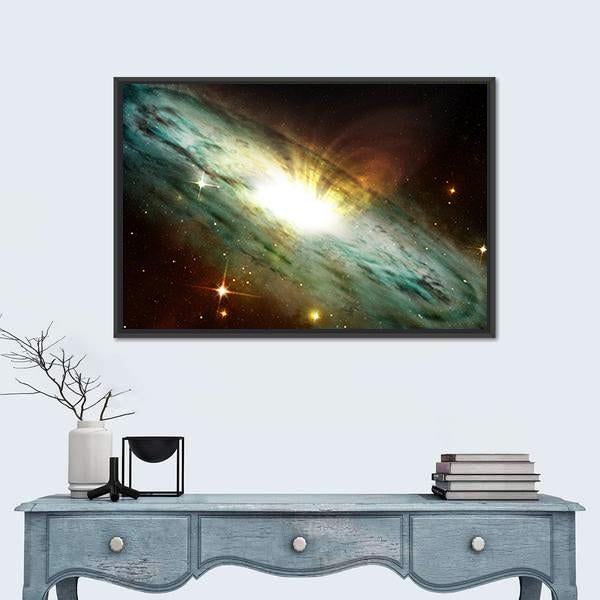 Planetary Nebula in Deep Space Canvas Wall Art in black, orange and green, framed canvas, product view on a white background