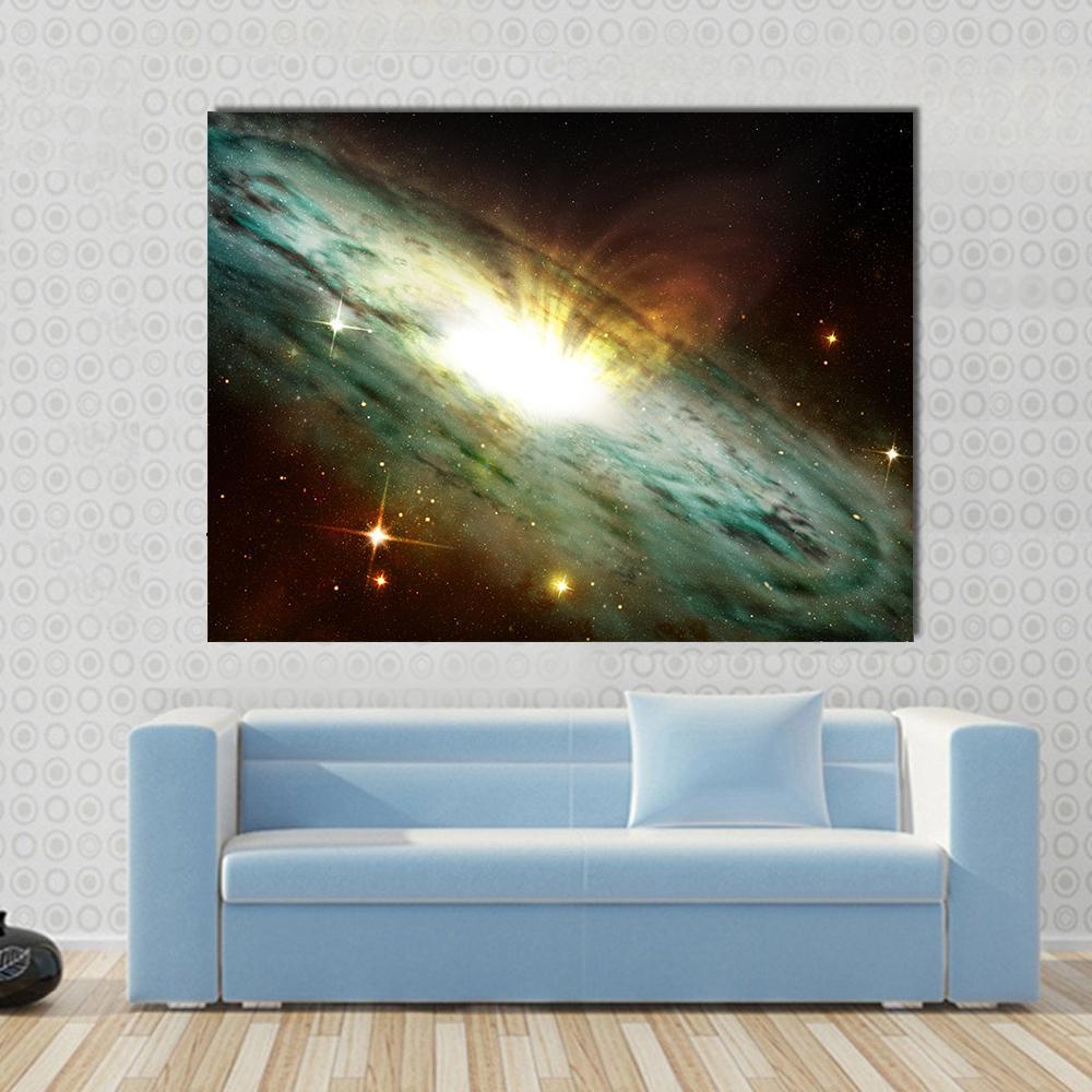 Planetary Nebula in Deep Space Canvas Wall Art in black, gold and green, single panel hung on a wall