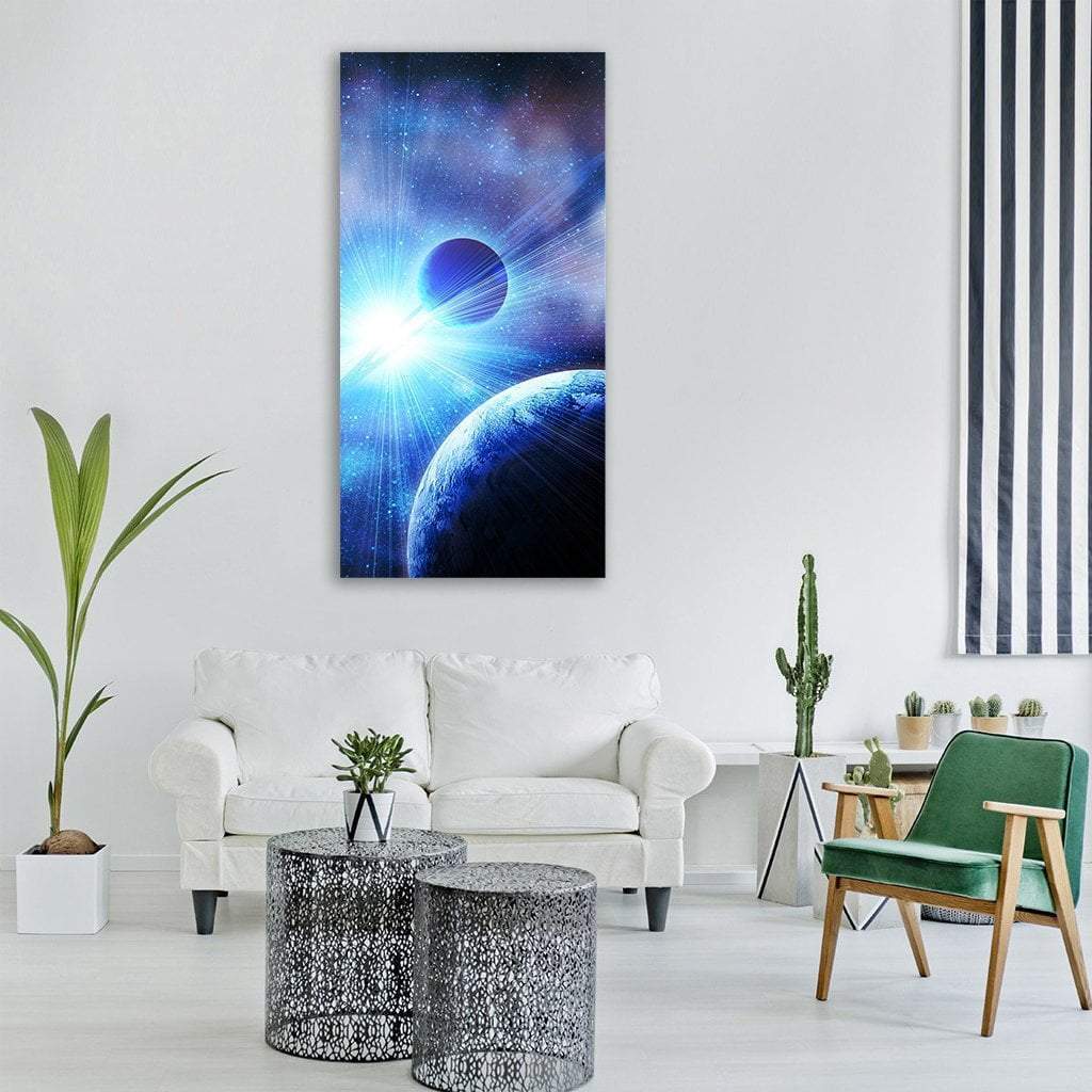 Planets Against the Sun Vertical Canvas Wall Art in black, white and blue, single vertical panel hung on a wall