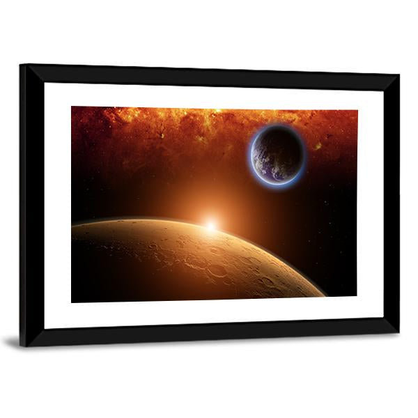 Planets Earth And Mars In Space Red Galaxy Bright Red Sun Canvas Wall Art-3 Horizontal-Gallery Wrap-25" x 16"-Tiaracle