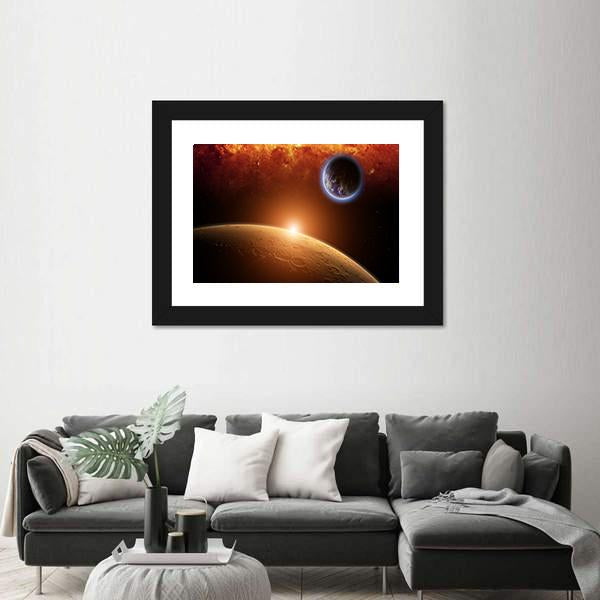 Planets Earth And Mars In Space Red Galaxy Bright Red Sun Canvas Wall Art-3 Horizontal-Gallery Wrap-25" x 16"-Tiaracle