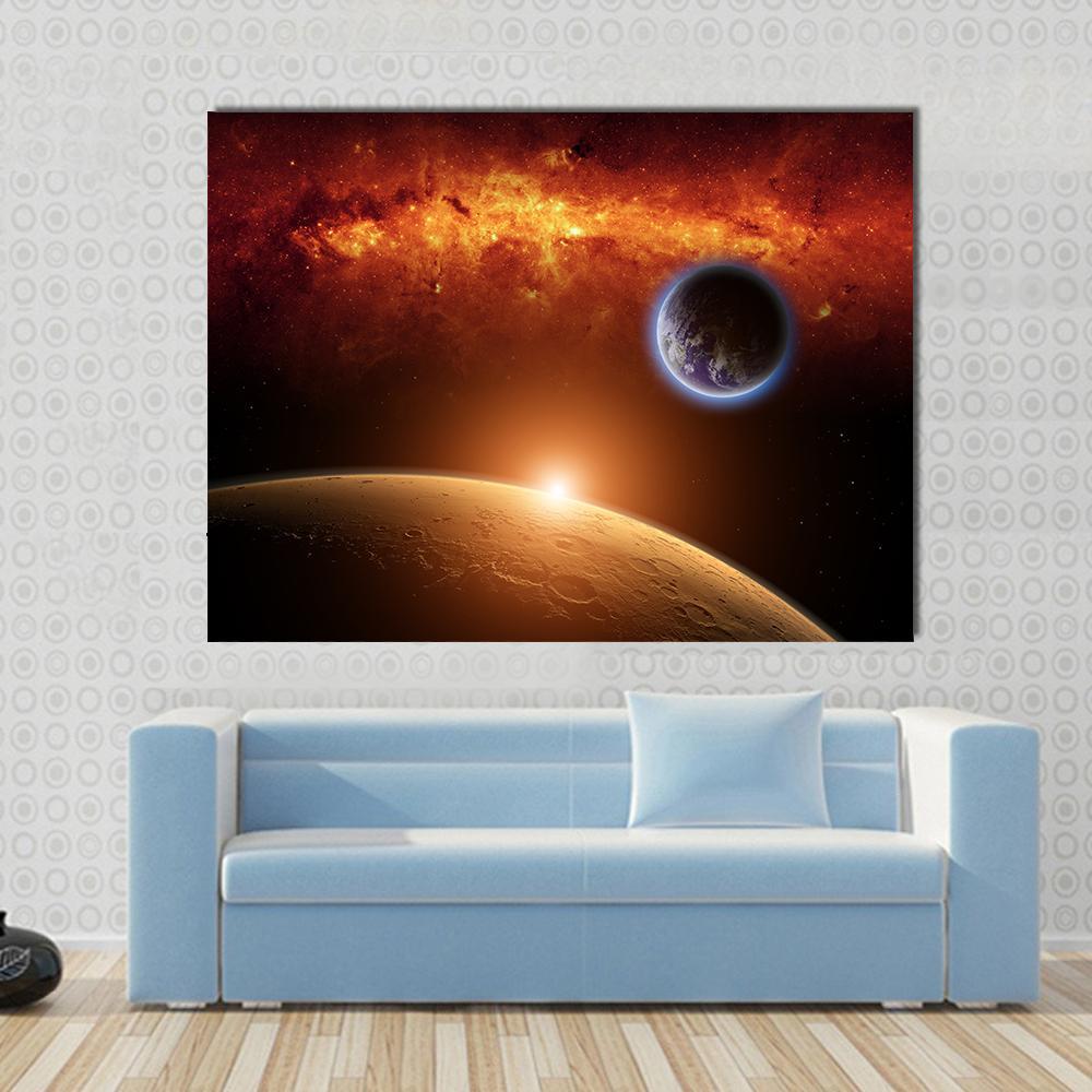 Earth and Mars in Space Canvas Wall Art in black, red and orange, single panel hung on a wall