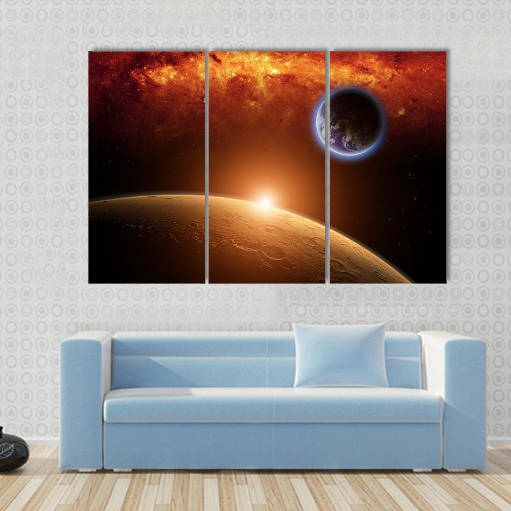 Planets Earth And Mars In Space Red Galaxy Bright Red Sun Canvas Wall Art-3 Horizontal-Gallery Wrap-37" x 24"-Tiaracle