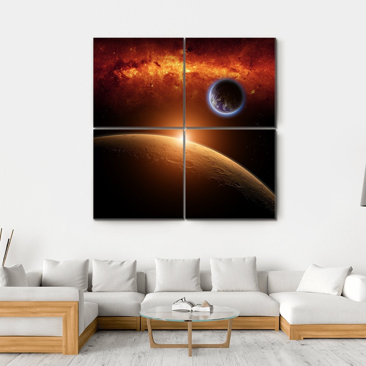 Planets Earth And Mars In Space Red Galaxy Bright Red Sun Canvas Wall Art-4 Square-Gallery Wrap-17" x 17"-Tiaracle