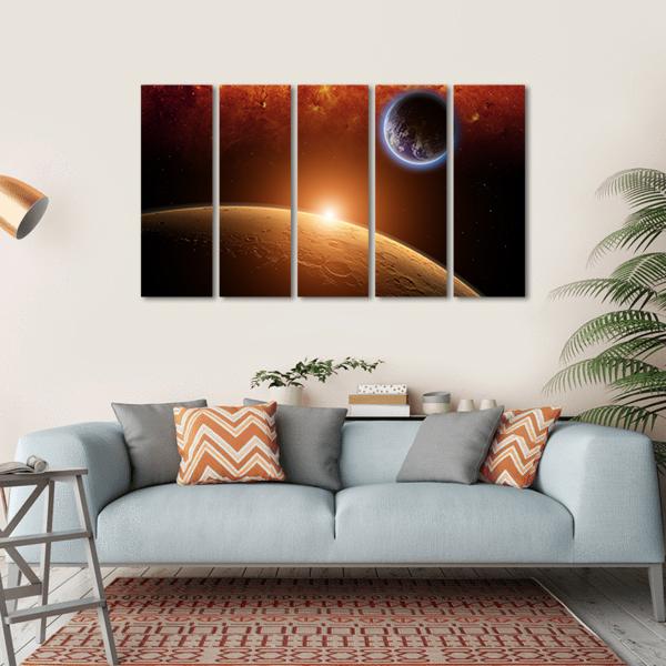 Planets Earth And Mars In Space Red Galaxy Bright Red Sun Canvas Wall Art-5 Horizontal-Gallery Wrap-22" x 12"-Tiaracle